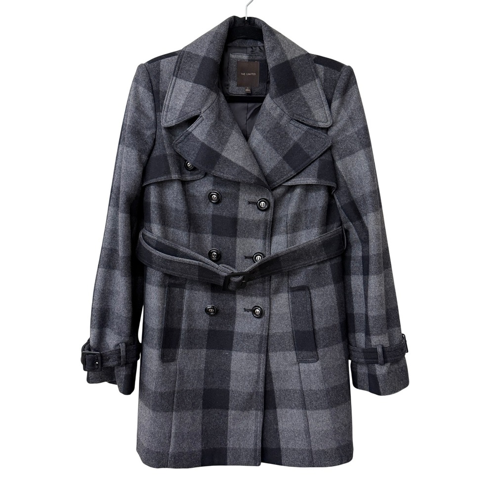 The Limited Womens Plaid Pea Coat Wool Blend Size M Academia Grey Black Belted